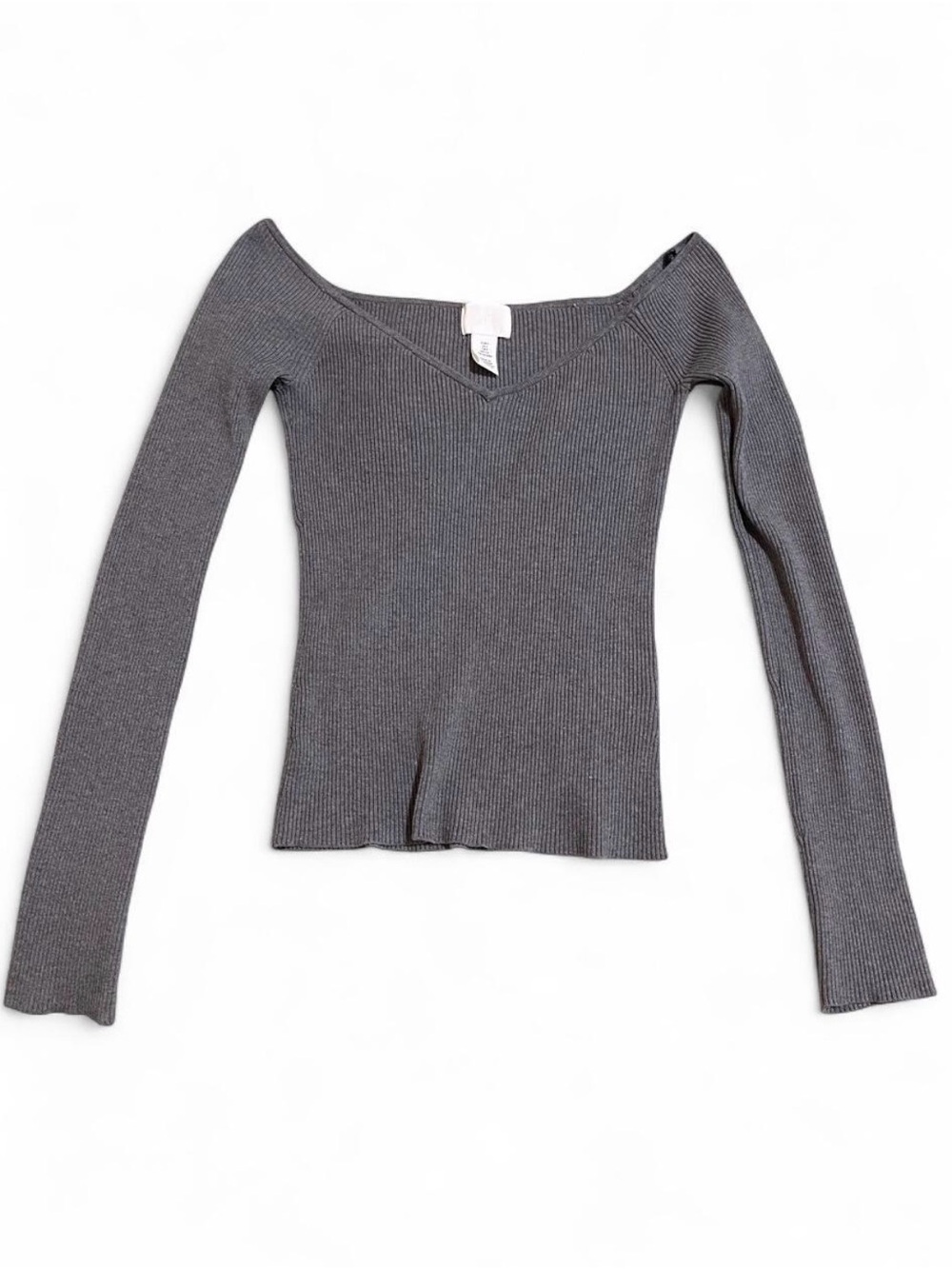 H&M Ribbed V-Neck Long Sleeve Top - Charcoal Gray